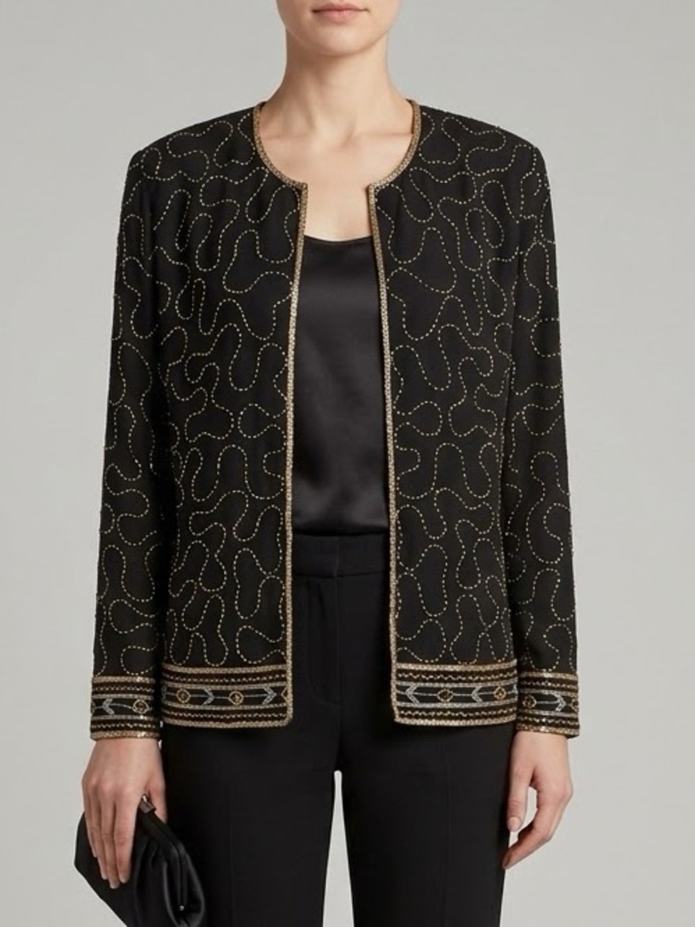 JMD New York Vintage
Womens Beaded Jacket Lined Black SIlver Gold cocktail top
M